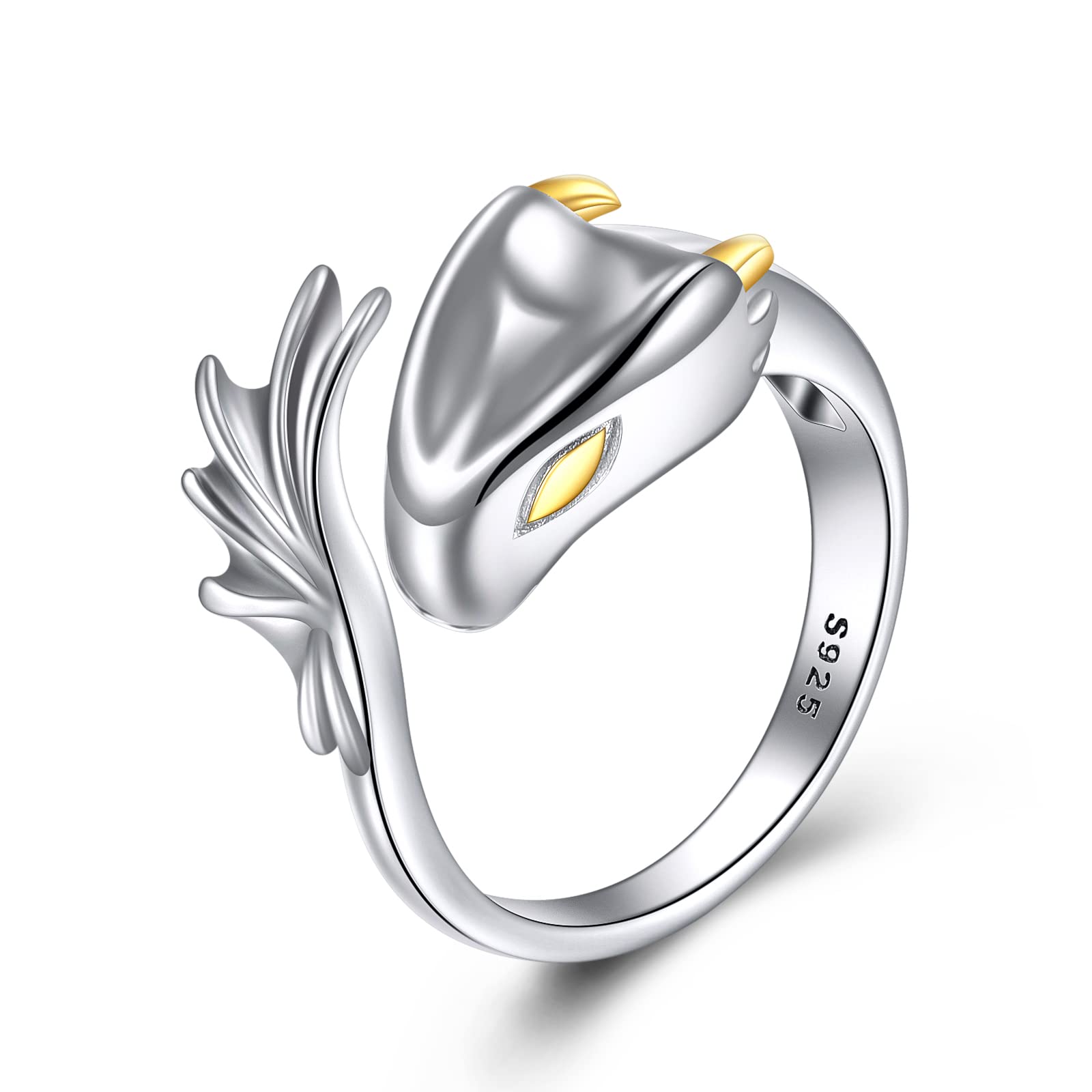 YFN Anillo de dragón de plata de ley, anillo de dragón blanco y negro, anillo abierto ajustable, regalo de joyería para mujeres y hombres