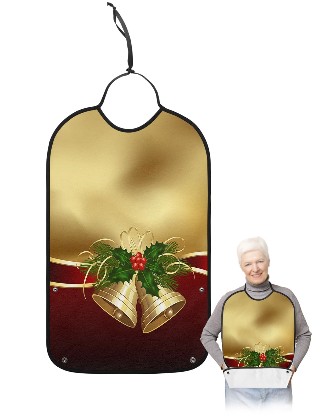 Christmas Adult Bib for Eating with Crumb Catcher,Washable & Waterproof Terry Cloth Adjustable Elderly Women Men Adult Bibs Funny Apron Clothing Protector Luxurious Ombre Red Brown Gold Bell Ribbon