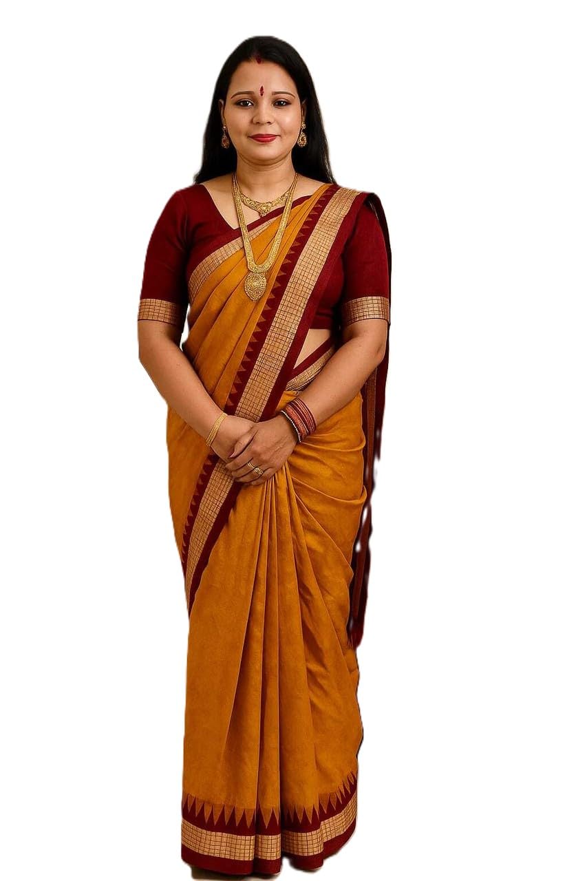 Sambalpuri Temple Border Mustard Palin Pata Saree Odisha Handloom Sari Simple Daily Casual Ethnic Papa SIlk Patta Border Pili Sari Haldi Ceremony Synthetic Saree with Maroon Blouse-image-16