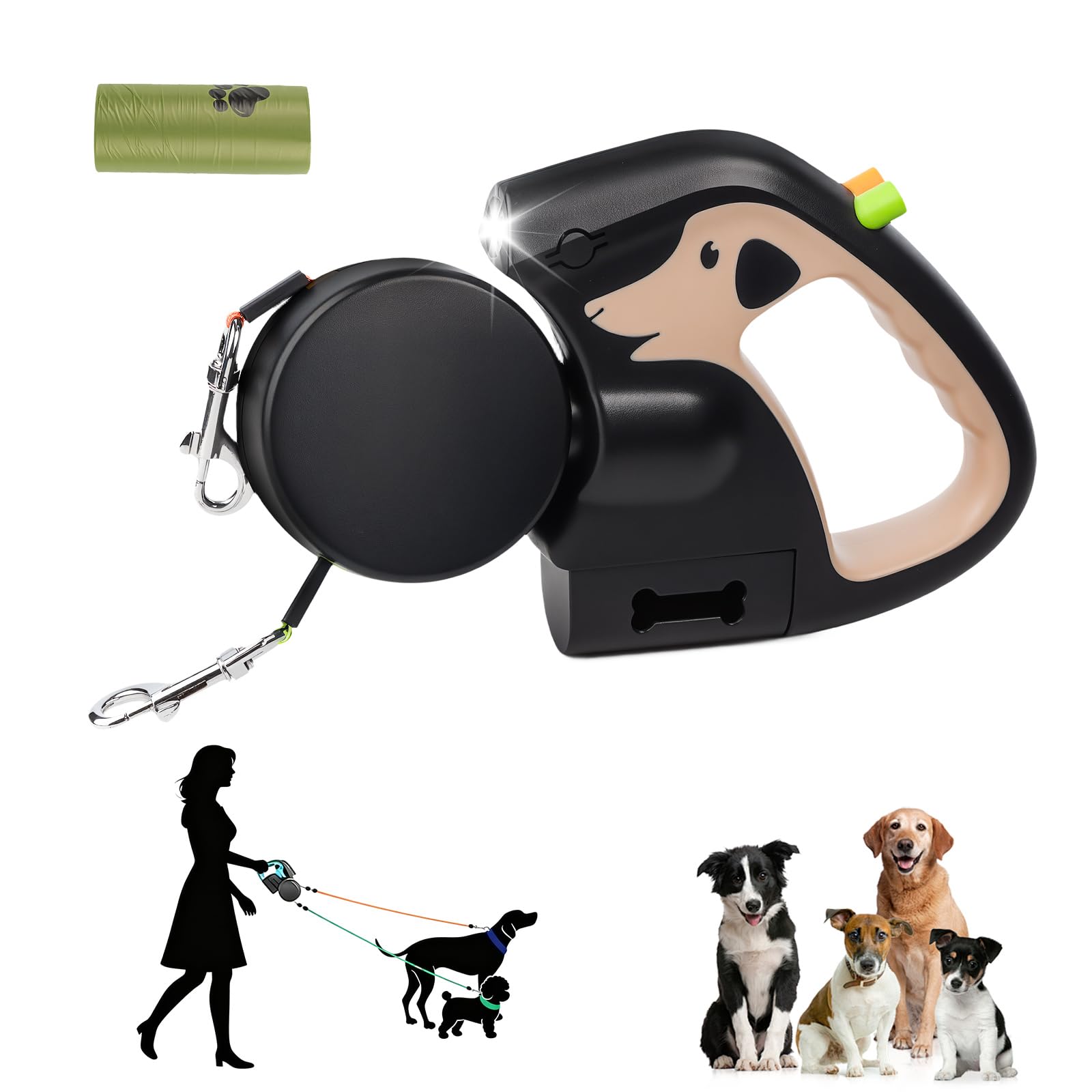 Double Dog Lead for Walking 2 Dogs No Tangle – 3m Retractable Dog Lead with 360° Tangle-Free Nylon Tape, Anti-Slip Handle, Rechargeable Flashlight and Waste Bag Dispenser for Dogs up to 10kg