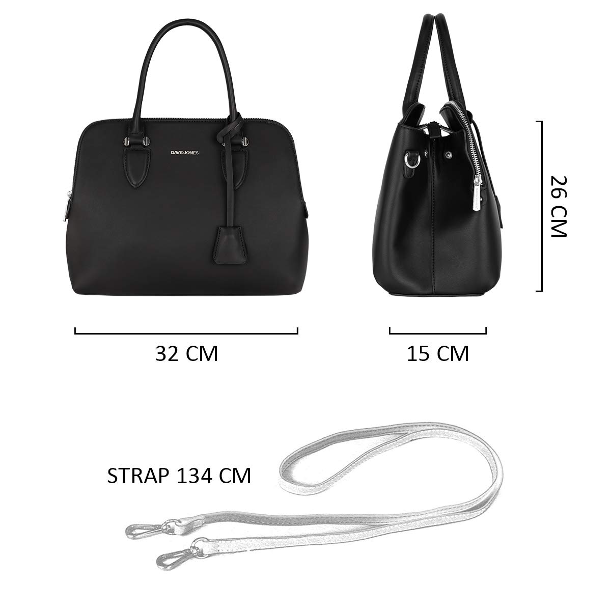 David Jones - Sac à Main Femme - Cabas Fourre-Tout Cuir PU Porté Epaule Bandoulière - Multi Poche Plusieurs Compartiments - Tote Ville Travail Elégant Classique Chic Dame - Noir
