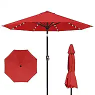 Kingdura 9FT Outdoor Patio Umbrella with Solar Lights, Market Table Umbrella with Push Button Tilt & Crank, 8 Sturdy Ribs, 32 LED Lights, UV Protection for Garden Lawn Deck Backyard Pool (Red)