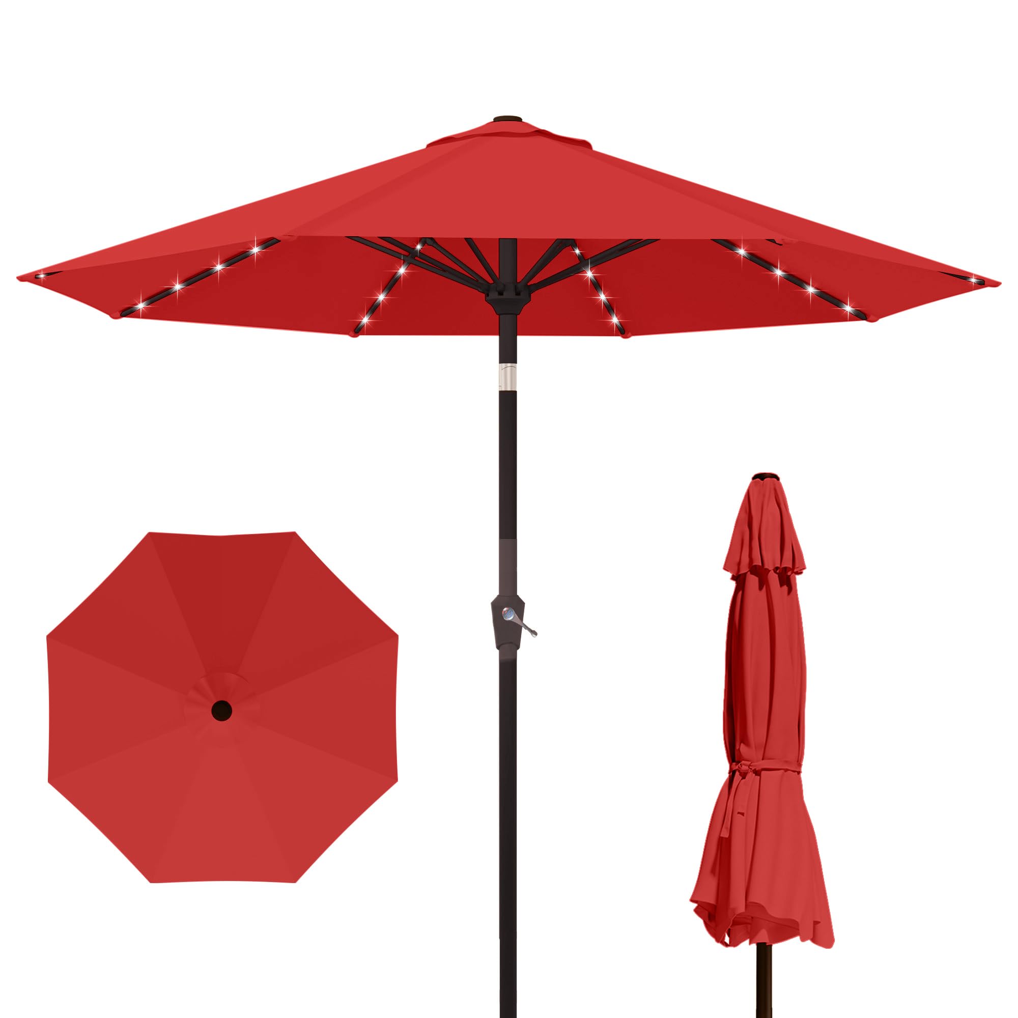 kingdura 10ft outdoor patio umbrella with solar lights, market table umbrella with push button tilt & crank, 8 sturdy ribs, 32 led lights, uv protection for garden lawn deck backyard pool (red)