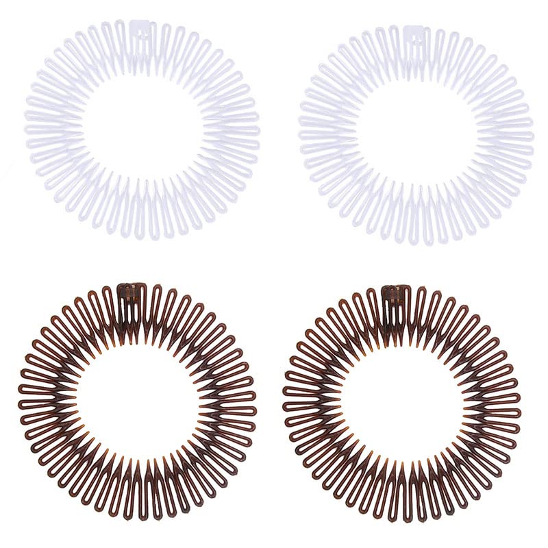 ENDAN 4 PCS comb Headband Flexible Stretch Hair Clips Hair Combs Full Circular Tooth Headband Full Circular for Women Girls (White,Brown)