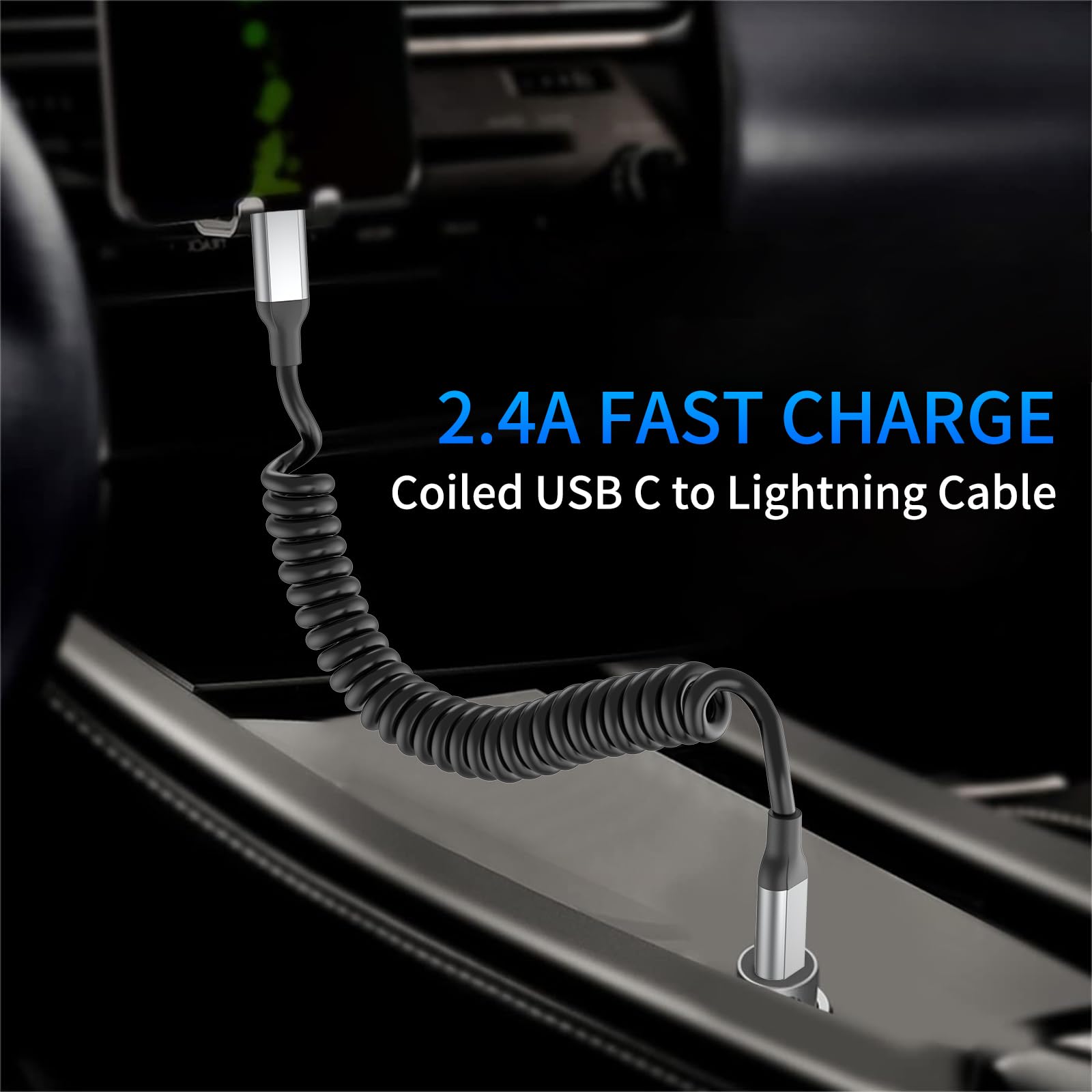 Acecene Cavo a spirale da USB C a Lightning [2 pezzi], MFi Certified Carplay cavo di ricarica iPhone corto, 2.4A USB C a Lightning per iPhone 14 13 12 11 Pro Max X XS XR 8 7 6 Plus SE – Nero