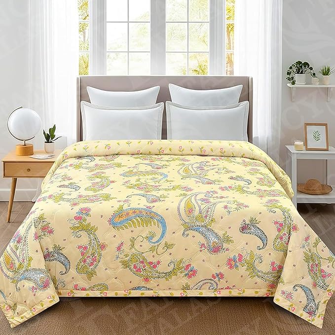 Image of Dohar Single OR Double Bed 100% Cotton Blankets for Summer 150GSM Ac Comforter and Cooling for Summer Classic Printed Design Quilt Ideal for Gifting (Curry Flower Design, Double Bed)