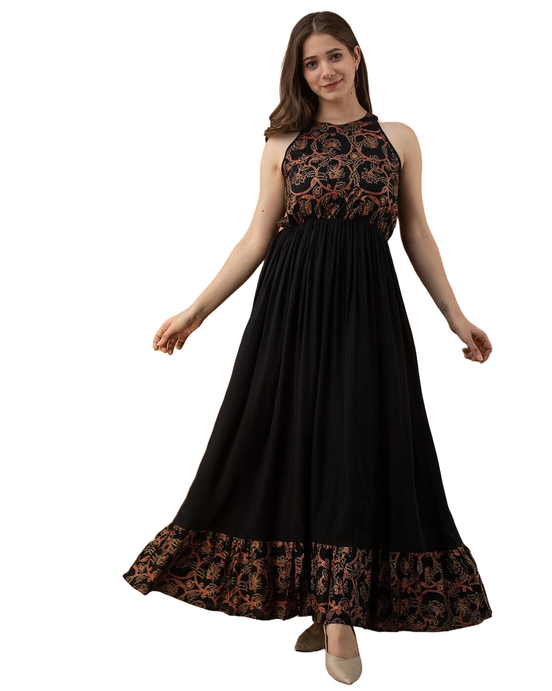 Daevish Tog Dress for Women | New Rayon Printed Halter Neck Fit & Flared Maxi Dress for Women & Girls | Flared Dresss