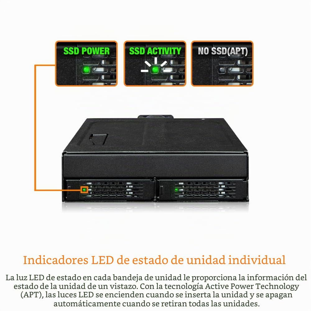 ICY DOCK ToughArmor MB105VP-B, Estante removible metálico 2 x 2,5" SSD NVMe U.2/U.3 SlimSAS (SFF-8654 8i) pinout definido por SFF - 9402 Rev 1.1, PCIe 4.0, para bahía de Unidad de 5,25"
