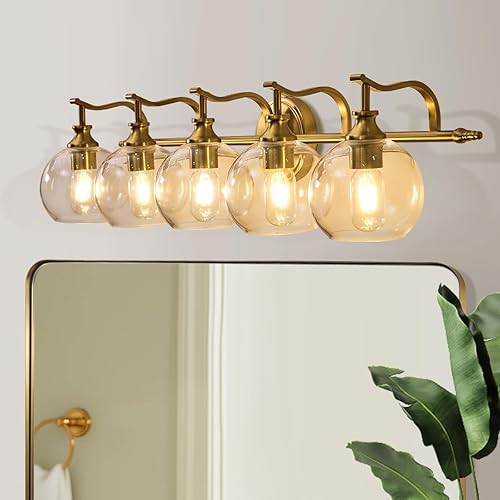 ANDY STAR Lámparas de baño de oro cepillado, 5 luces de tocador para espejo, apliques de pared modernos de 35 pulgadas con globo transparente de