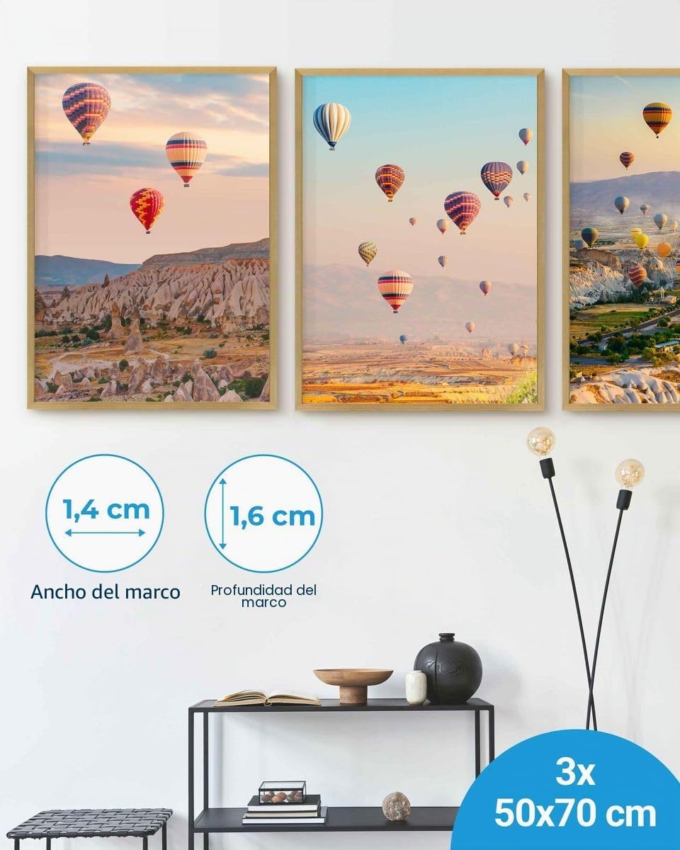 PHOTOLINI Marcos 50x70 cm oro madera MDF set de 3 marcos para pósteres cristal acrílico