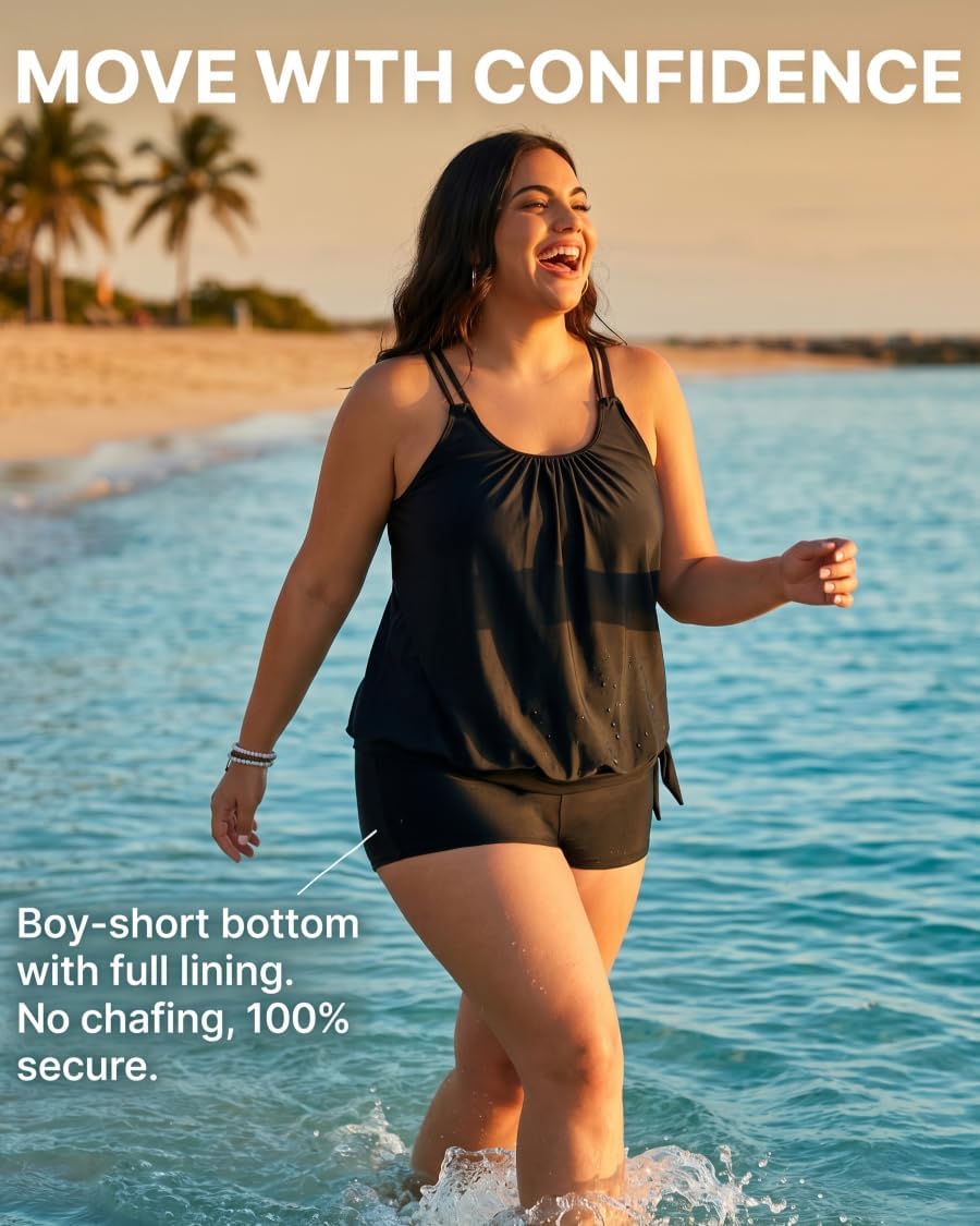 Holipick Women Plus Size 2 Piece Tankini Swimsuit Tummy Control Blouson Bathing Suits Thin Strap Tank Top with Boy Shorts