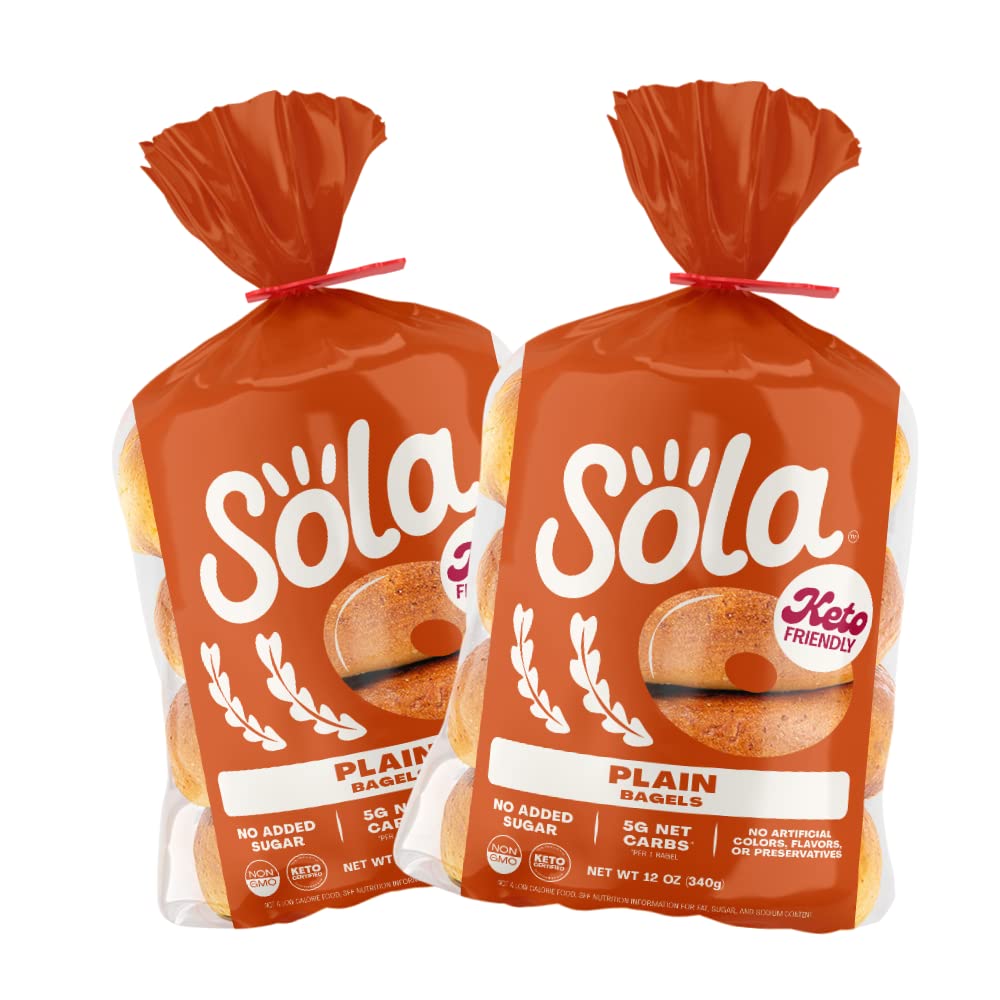 Sola Plain Bagels, Low Carb & Keto Friendly, 16g of Protein Per Bagel & 5g Net Carbs, Non-GMO, No Sugar Added, 12 oz, (4 Bagels Per Pack) (Pack of 2)