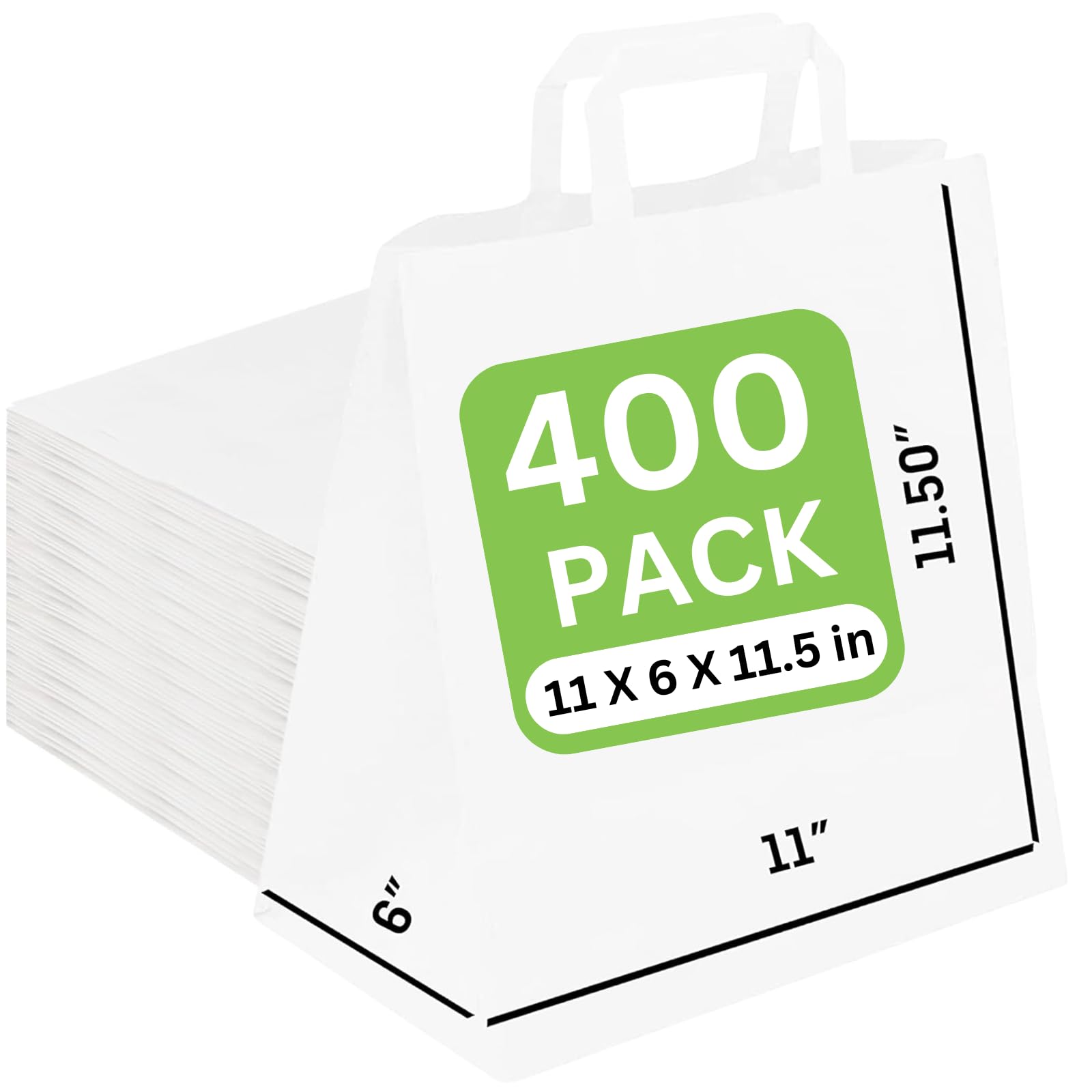 JET PAPER BAGS - 11”x6”x11.5” [400 Pcs] White Paper Bags with Handles Prime for Takeout, Grocery, Goody, Retail, Party, Gifts, Weddings - Recyclable Kraft Paper Gift Bags with Handles