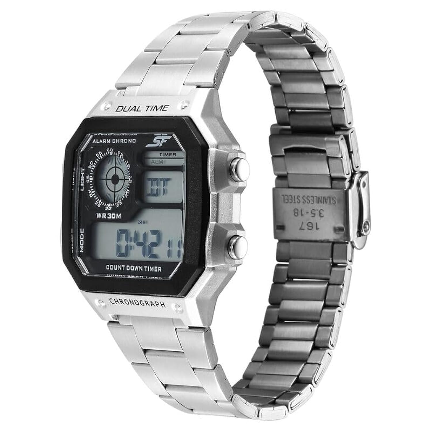 SF Hexa Metal Digital Digital Black Dial Stainless Steel Strap Watch f