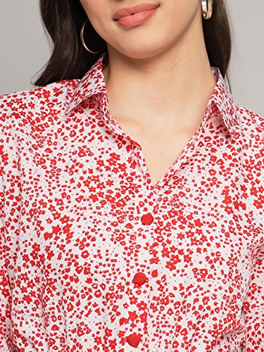 Kzully Women's Print 3/4 Sleeve Pleated Midi Dress With Belt Red