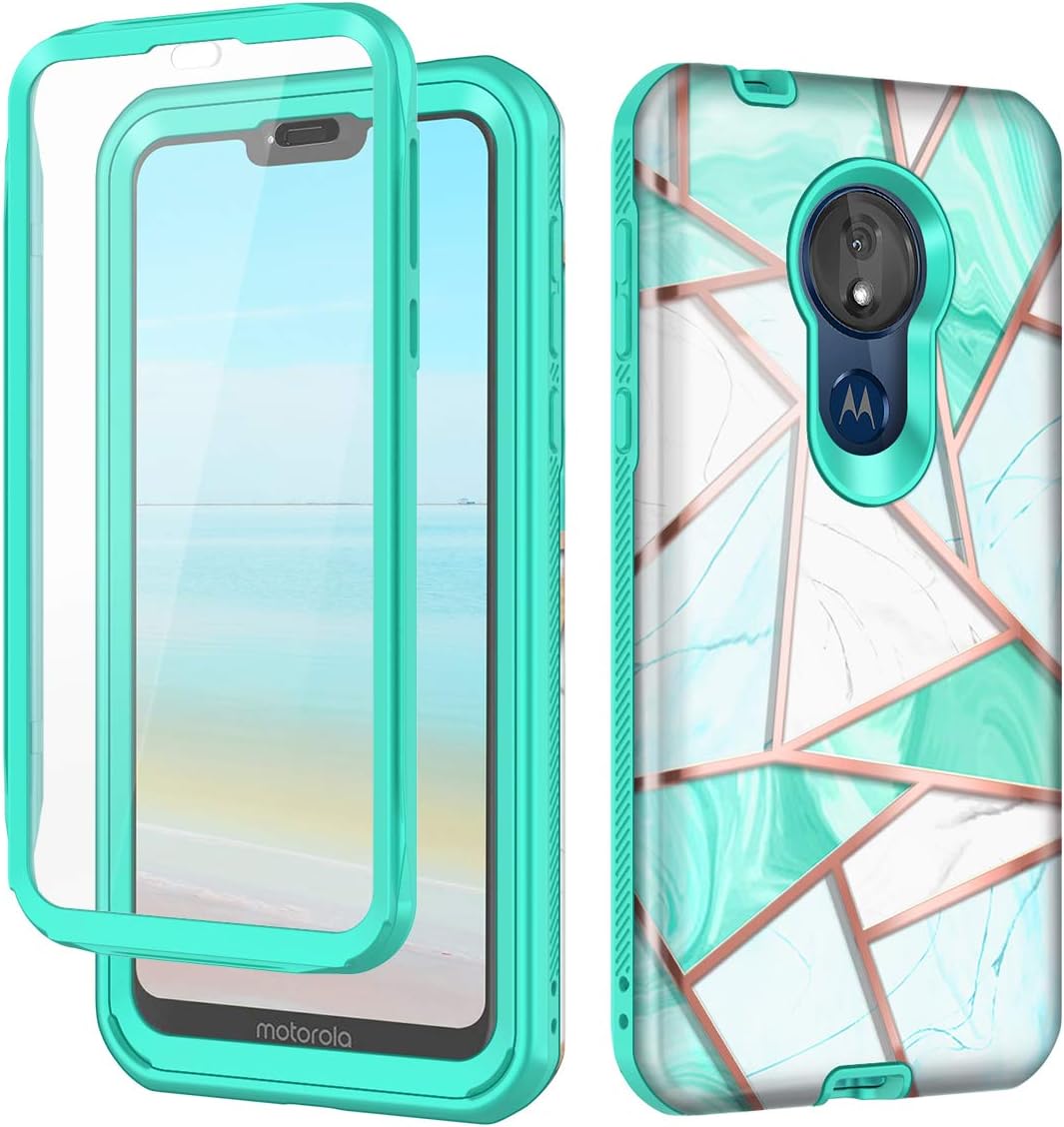 Hekodonk for Moto G7 Play/ G7 Optimo Case XT1952DL Case Built in Screen Protector Heavy Duty High Impact PC TPU Full Body Protective Shockproof Anti-Scratch Cover for Moto G7 Play -Marble Mint