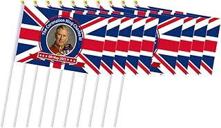 10 PCS King Charles III Hand Waving Flags,Union Jack Stick Flag 14 x 21 cm,for Celebration King Charles III Coronation Royal Party Decorations (Red)