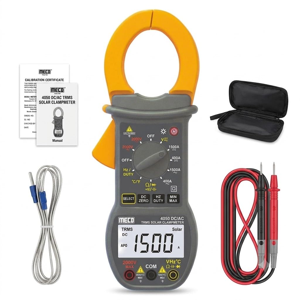 meco 4050 solar clamp meter 2000v 1500a ac/dc trms | digital clamp multimeter with temperature, frequency, capacitance & duty cycle | 55mm large jaw | cat iii 600v professional electrical tester