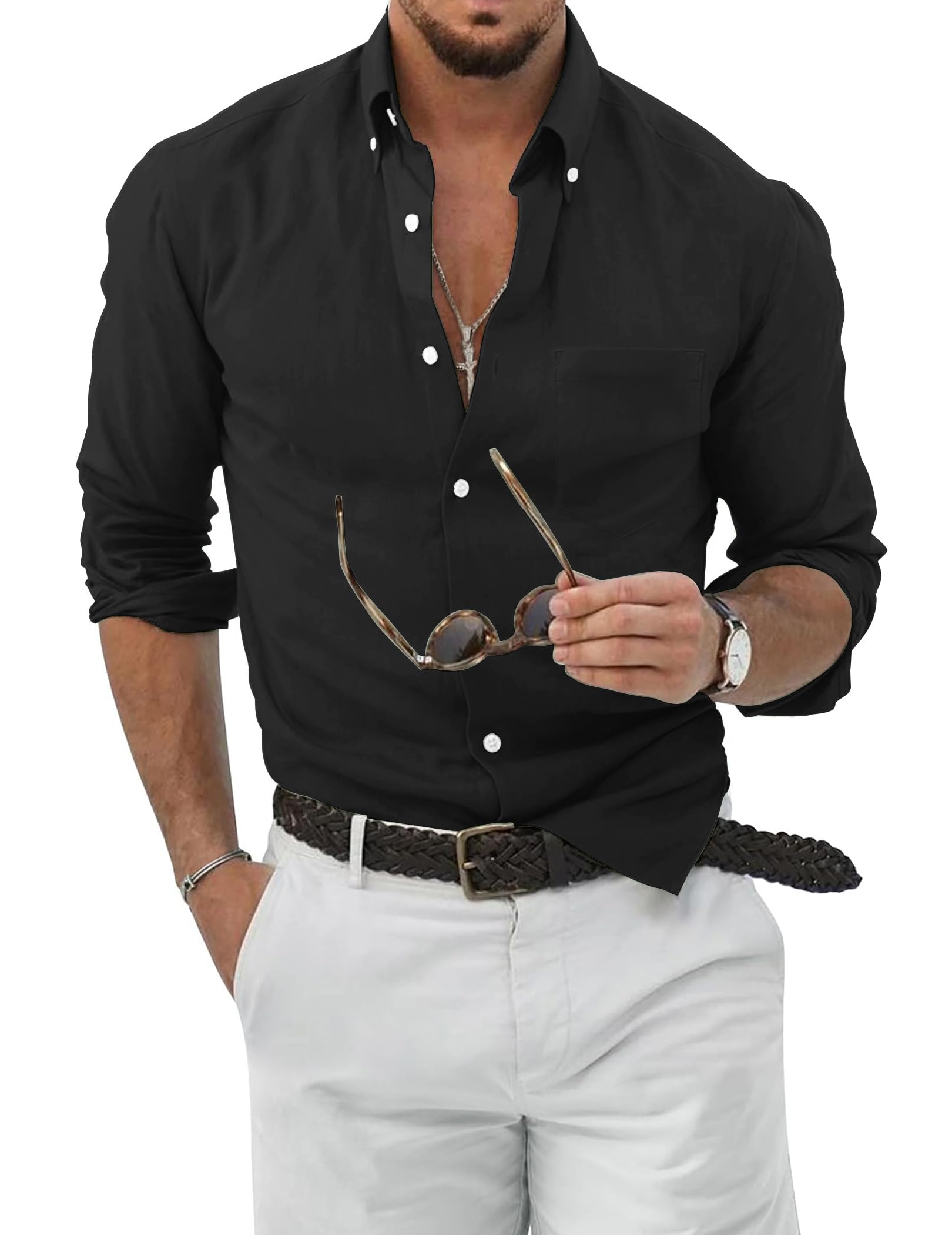 TARAINYA Camisa Lino Hombre Verano con Bolsillos Casual Camisas Hombre Manga Larga Regular Fit