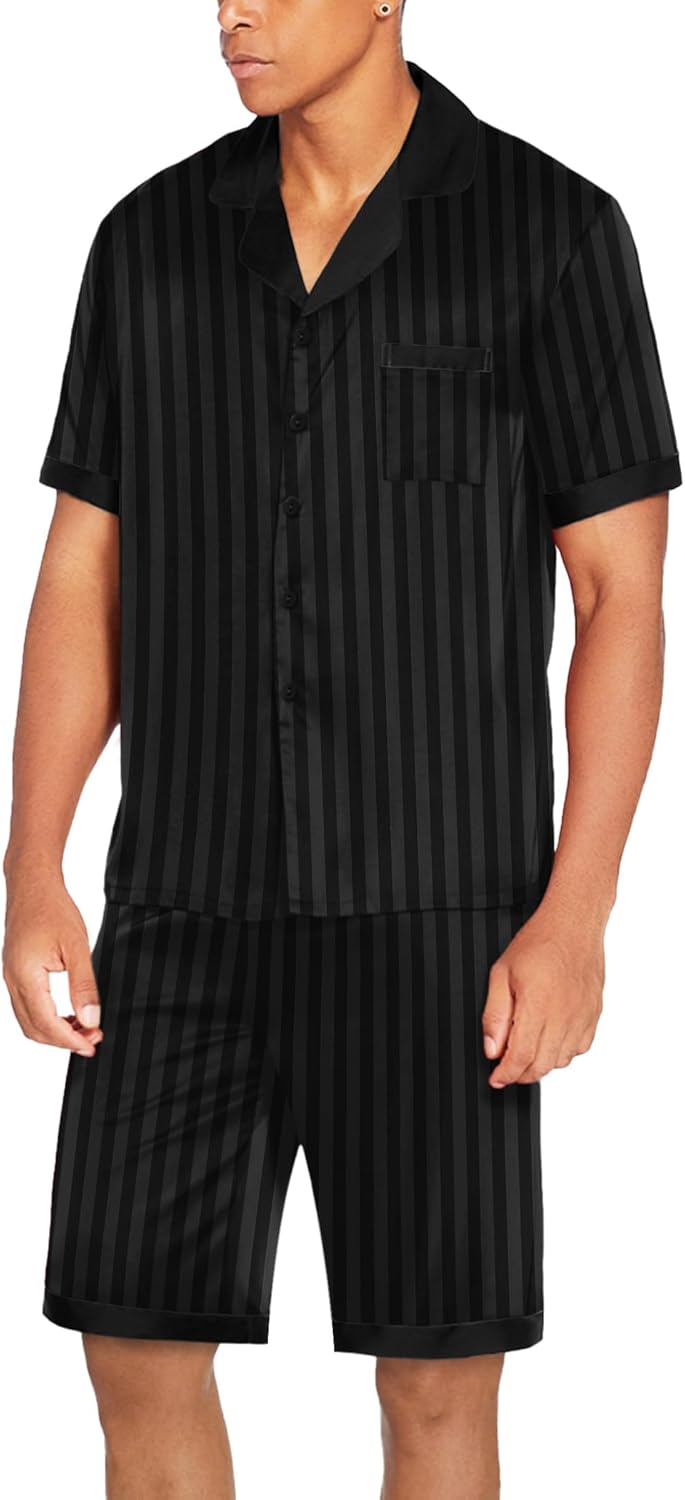 Ekouaer Men Satin Silk Pajamas Set with Pockets Sleepwear Shorts Satin Summer Loungewear 2 Piece Button Down Set S-3XL - Image 8