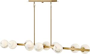 Fredrick Ramond Selene Large Ten Light Linear Chandelier - Modern Luxury, Swirled Glass Globes, G9 LED Bulb Required, (2) 6-in and (4) 12-in Down Rods Included - Lacquered Brass Finish