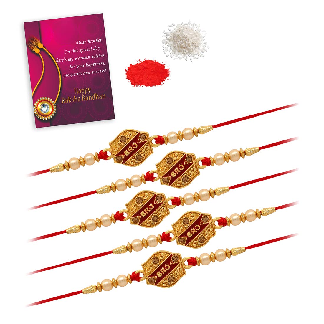 PREYANSBro Style Threaded Rakhi For Brothers Combo Of 5 Pieces with Roli, Chawal & Greeting Card (RKH310CMB)
