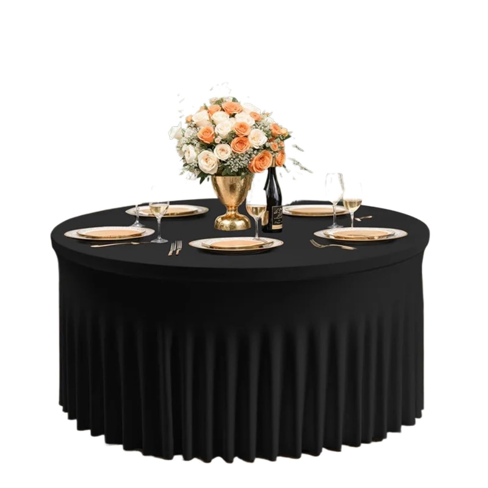 SHENJMAI Round Skirt Tablecloth White Round Spandex Tablecloth Stretchy Fitted Wrinkle Free Table Cover with Skirt for Wedding Party Buffet Birthday Photography(Black,6FT(R 183XH 75 CM))