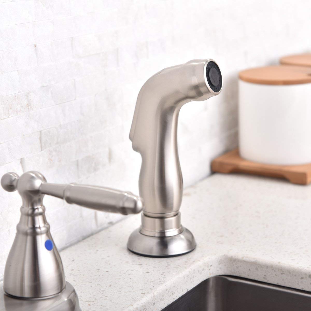 SHACO Stainless Steel Kitchen Faucet with Side Sprayer, Brushed Nickel Faucet for Kitchen Sinks 3 Hole or 4 Hole, 2 Handle High Arc RV Kitchen Faucet with Pull Out Sprayer