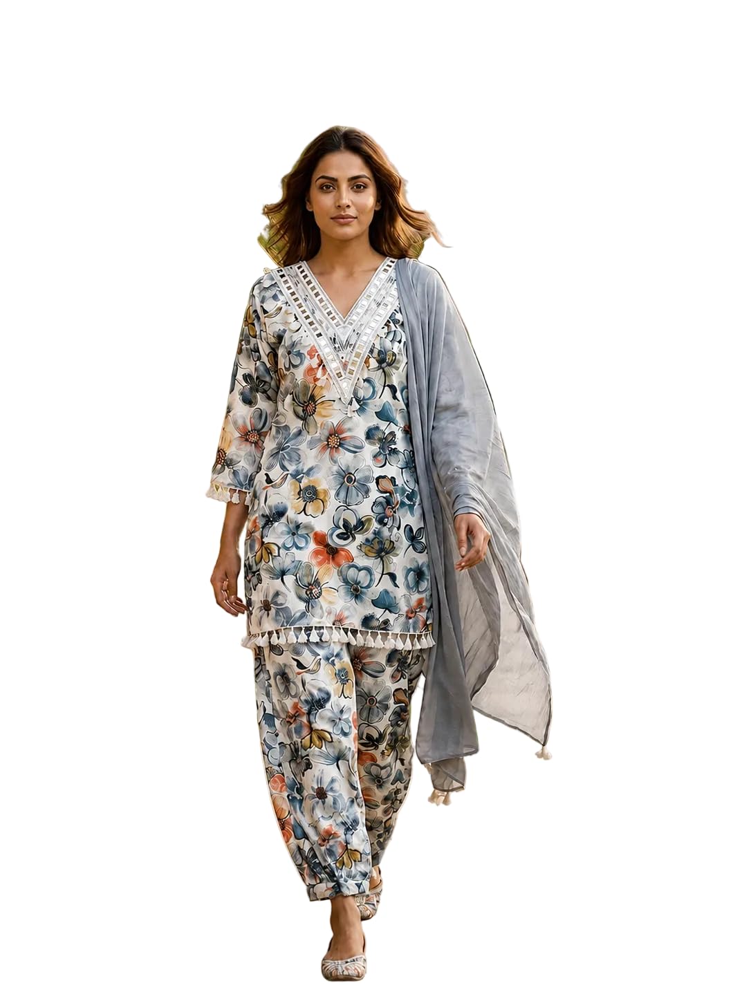 berrylicious Women Rayon Green Floral Printed Mirror Embellished Kurta with farshi Pants & Dupatta-picture-38