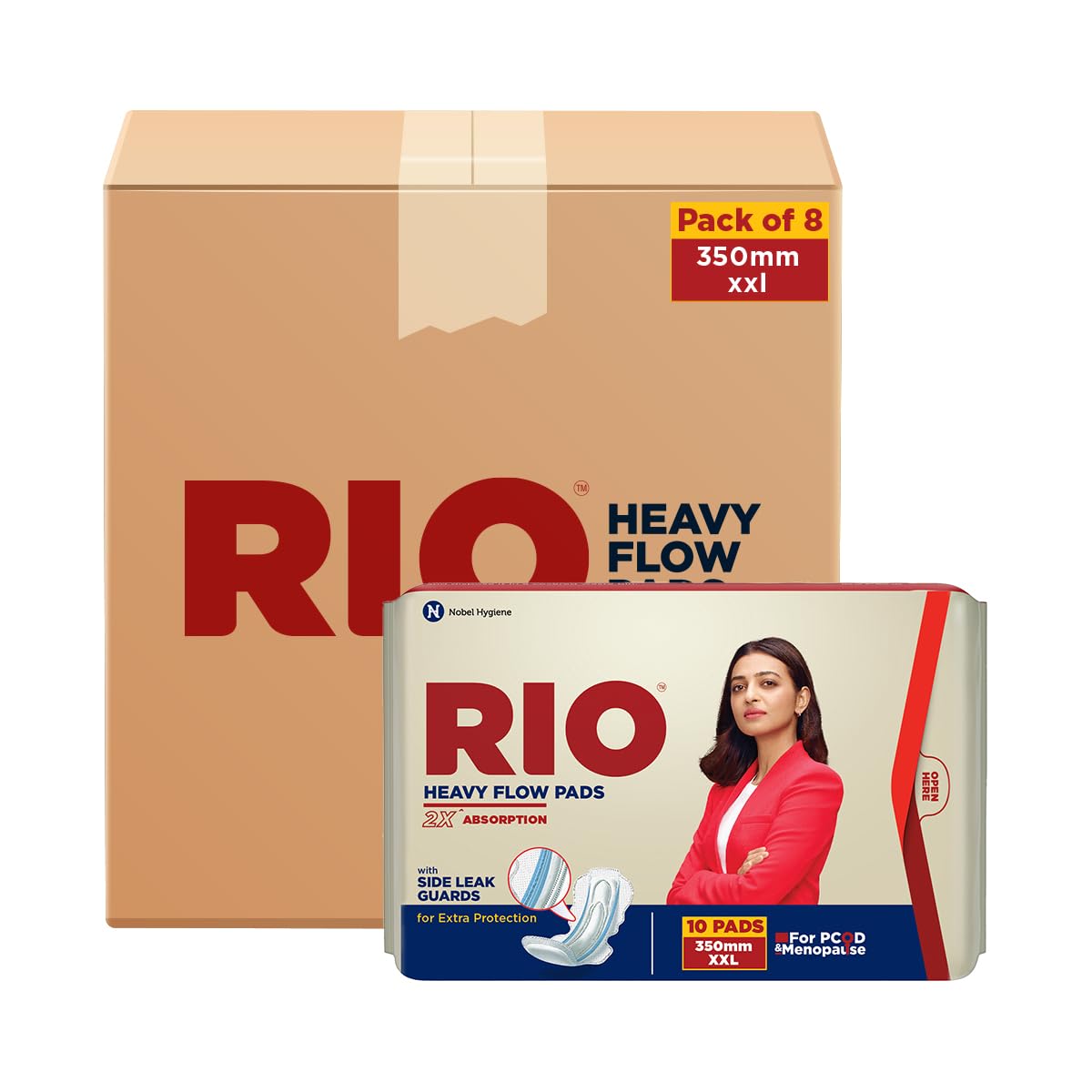 RIO Heavy Flow XXL Sanitary Pads 40 Pieces (Pack of 4) with 350mm coverage, Side Leak guards, Wings for Heavy Flow, 2X High Absorption with Leak Proof Side Walls, Anti-Bacterial, Double Wings.