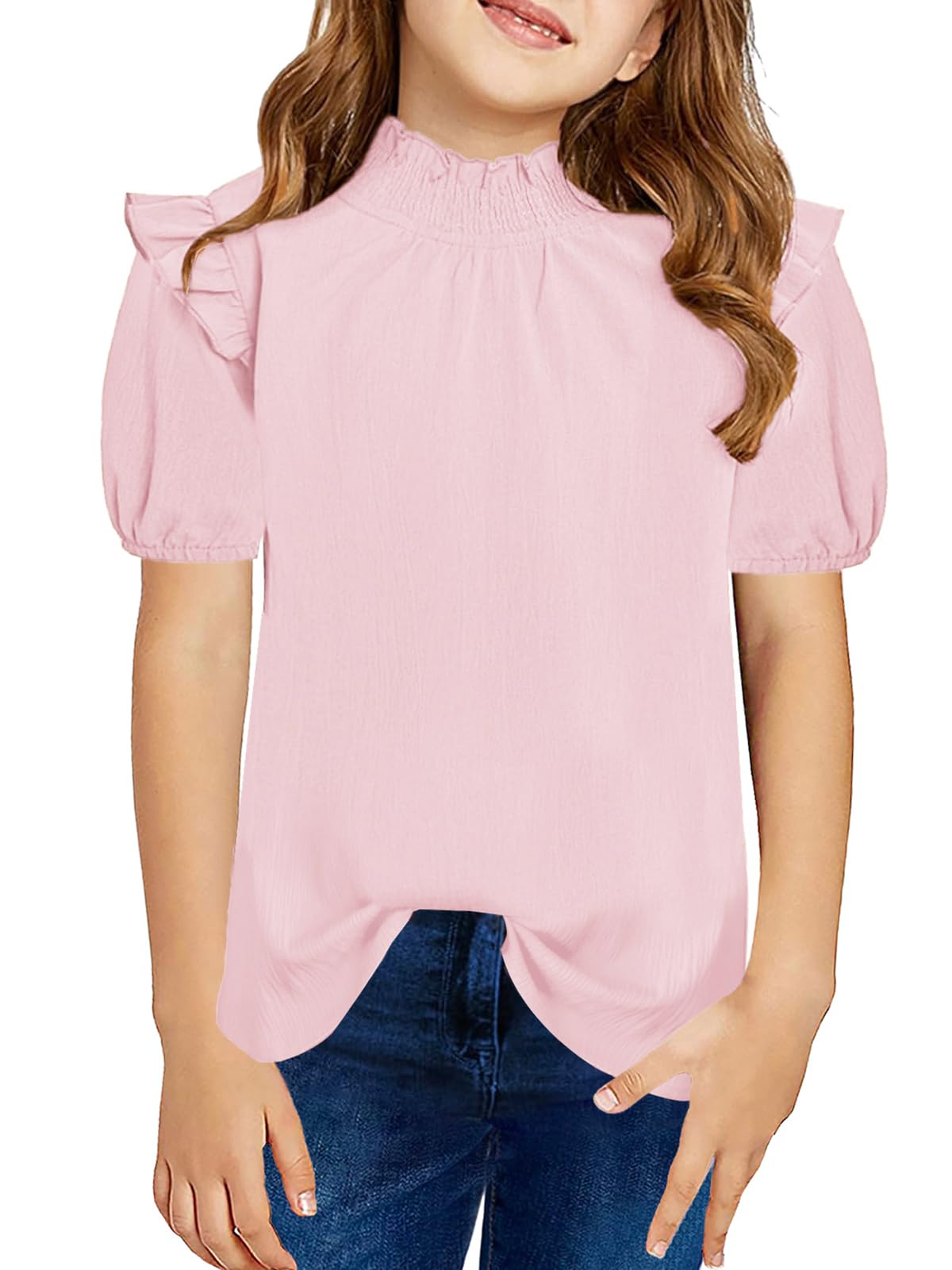 Haloumoning Girls Puff Short Sleeve Shirts Pleated High Neck Dressy Summer Cute Blouse Tops 5-14 Years Pink