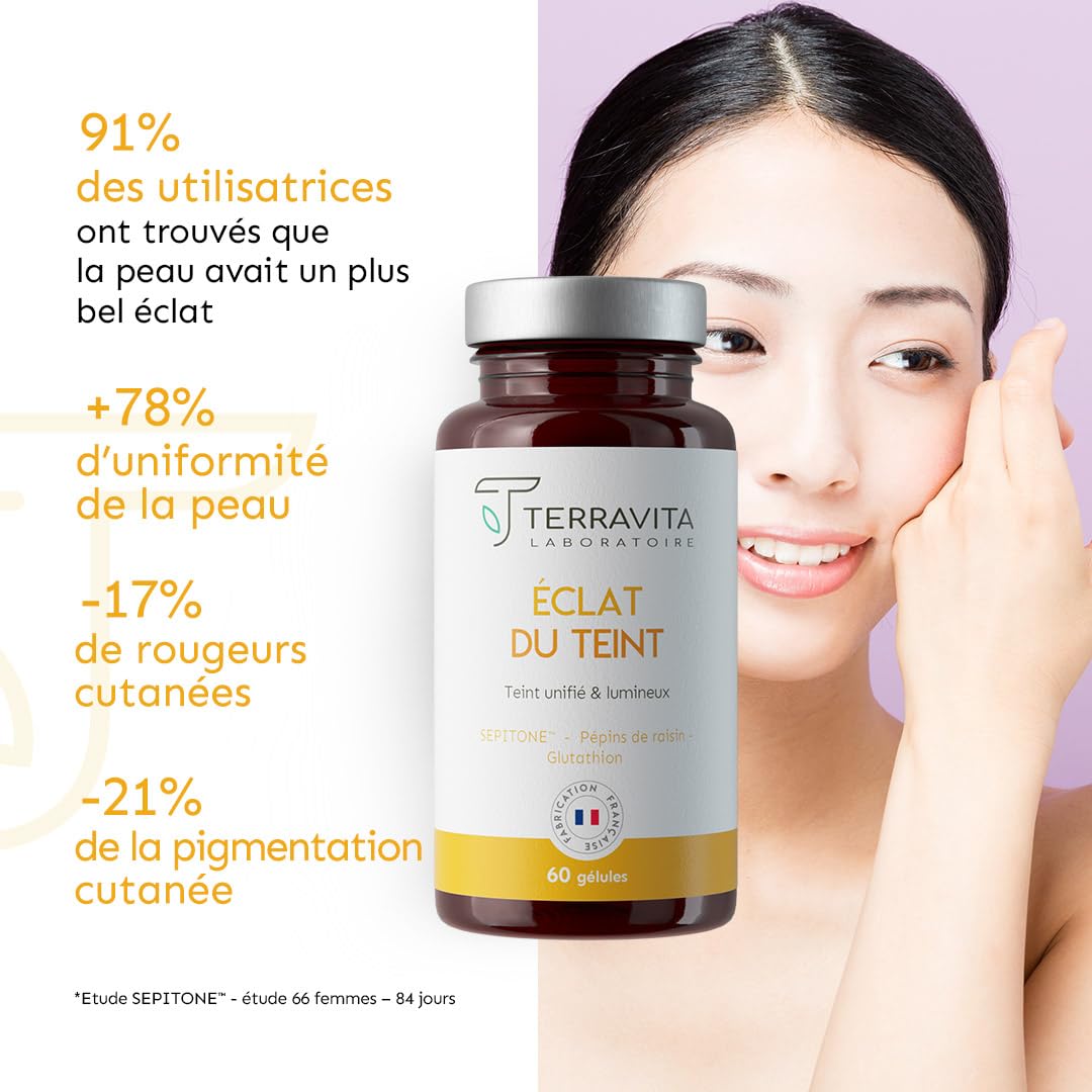 Eclat du Teint | Pépins de Raisin OPC + Extrait de Myrtille SEPITONE + Vitamine C + Glutathion Réduit | Peau Éclatante et Unifiée | Action Antioxydante | 60 Gélules Vegan | Made in France | Terravita