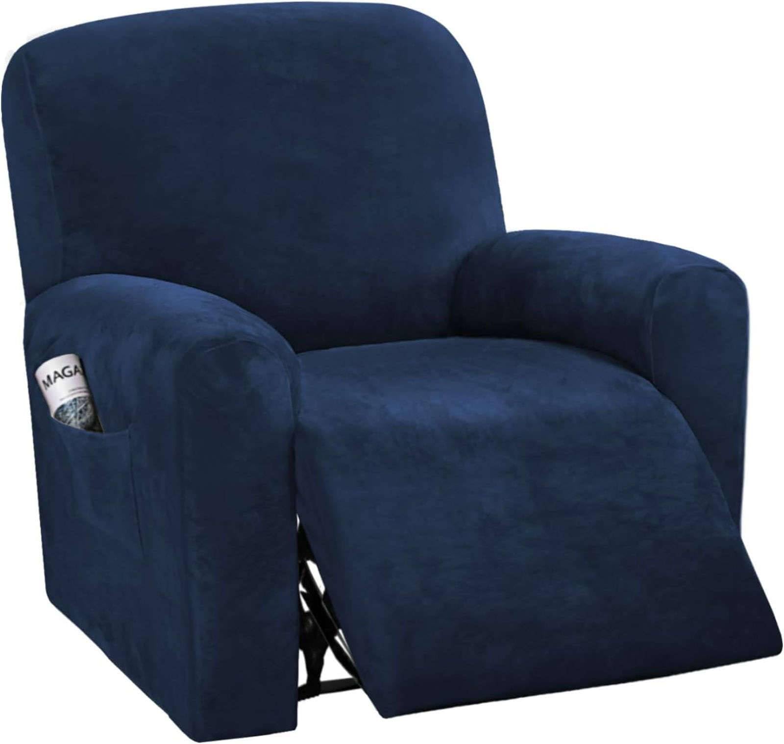 CLGTY Stretch Velvet Recliner Sofa Covers, 4-piece With Pocket Lazy Boy Reclining Sofa Slipcover Non Slip Armchair Covers For Kids Pets-navy blue-chair