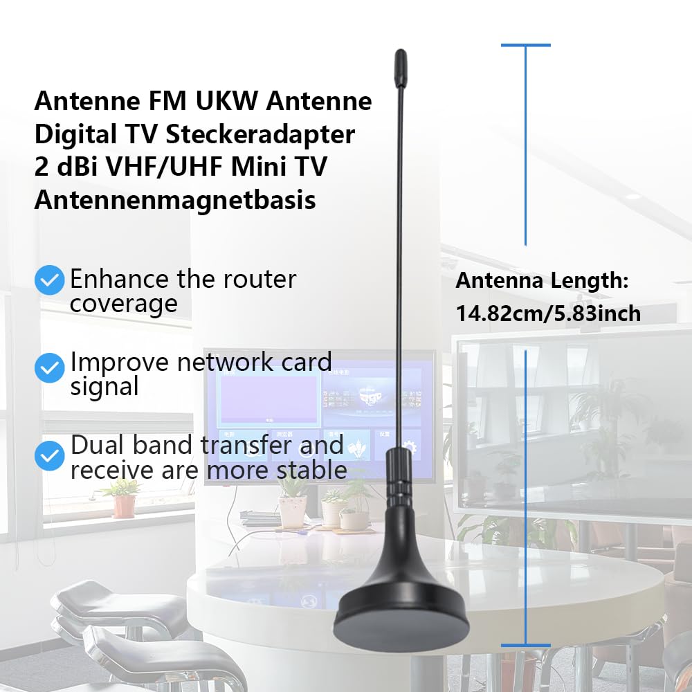 Vecys DVB-T HDTV FM UKW Antena Cyfrowa Wtyczka TV 2 dBi VHF/UHF Mini Antena TV Podstawa Magnetyczna Kabel 1.5 m Kompatybilna z Radiem FM DVB-T2 HDTV DTMB