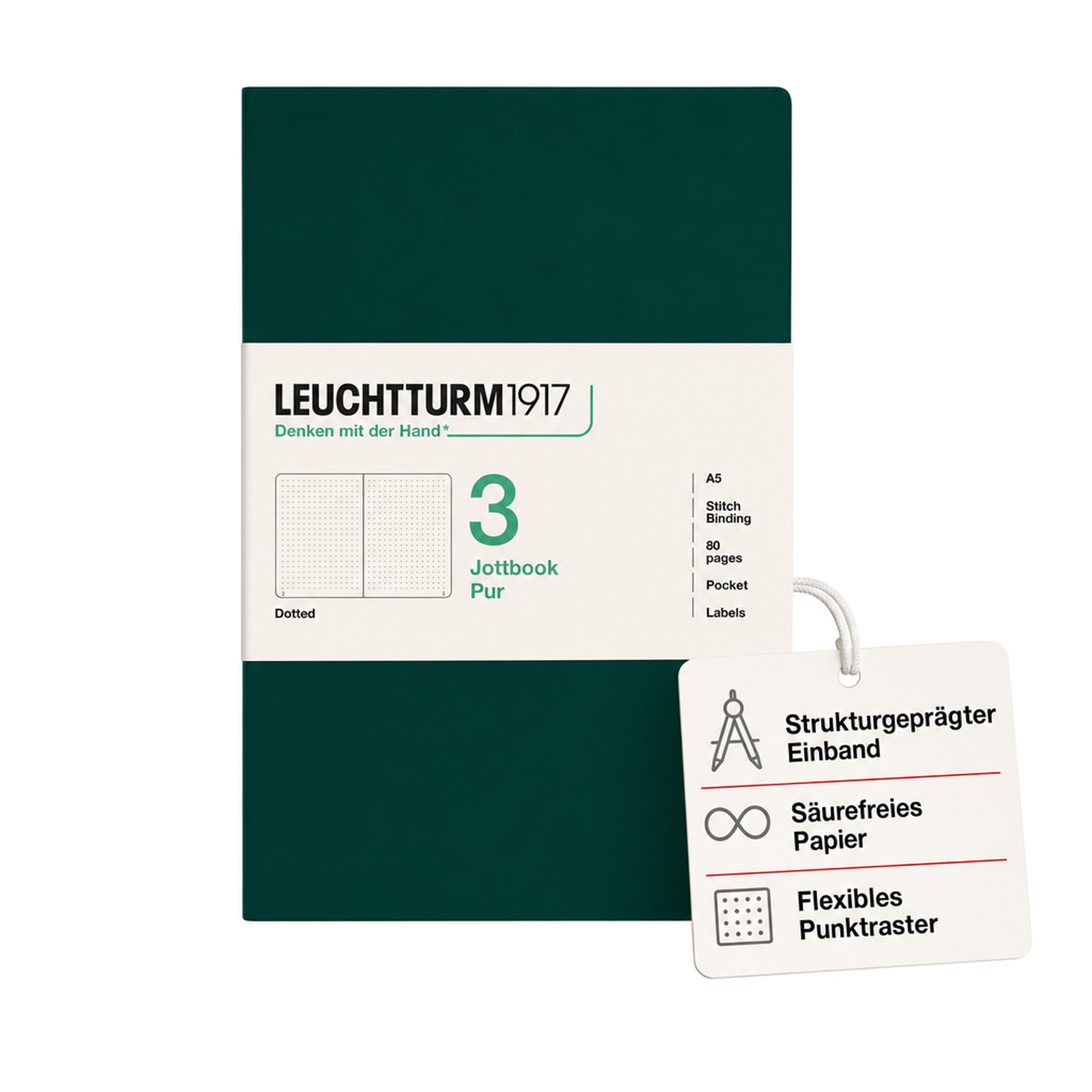 LEUCHTTURM1917 400699 Jottbook Pure (A5), 80 Numbered Pages, Dotted, Forest Green, Pack of 3
