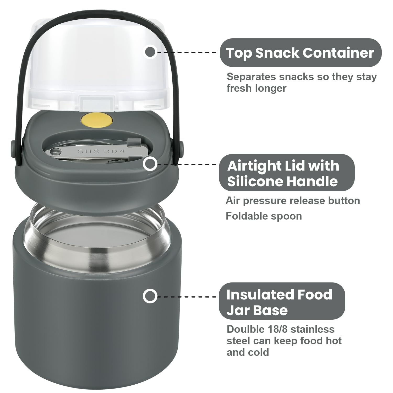 Termo de sopa de 15 onzas con recipientes de aperitivos para niños, tarro de comida aislado de boca ancha y 2 tazas de aperitivos, mango de silicona, cuchara de acero inoxidable, a prueba de fugas y