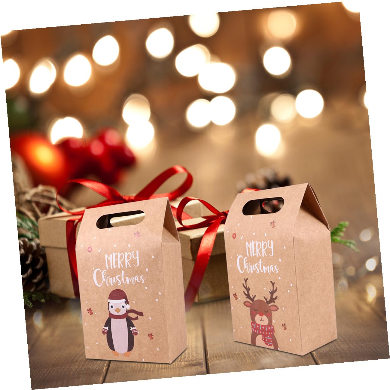 TOPPERFUN Bolsas de Papel Kraft para Navidad 24 Piezas 4 Diseños Muñeco de Nieve Papá Noel Pingüino Alce para Galletas y Dulces Reutilizables y Plegables Adecuado para Embalaje