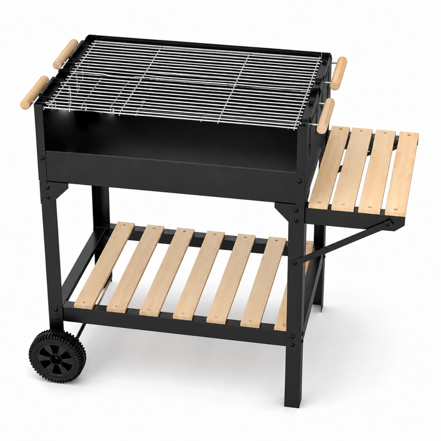 Barbecue A Carbone Con Ripiano Laterale Porta Utensili E Mensola Inferiore Struttura In Acciaio Con Ruote Per Giardino Patio Picnic E Outdoor Cooking 122 x 53 x 100 Cm Nero