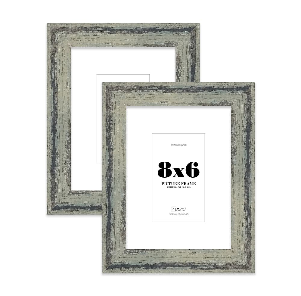 8x6" Distressed Green Picture Frame with 5x3" Mount - Shabby Chic Photo Frame with Distressed Finish, Wall Hooks and Kickstand, 32mm Edge - 2 Pack