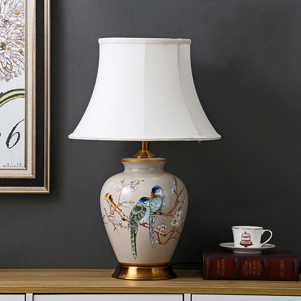 asdchZen 25.6" Chinoiserie Table Classic Cottage Bedside Desk Nightstand Lamp Hand-Painted Flower Bird Ceramic Table Lamp For Bedroom Living Room Office College Bookcase-C,E
