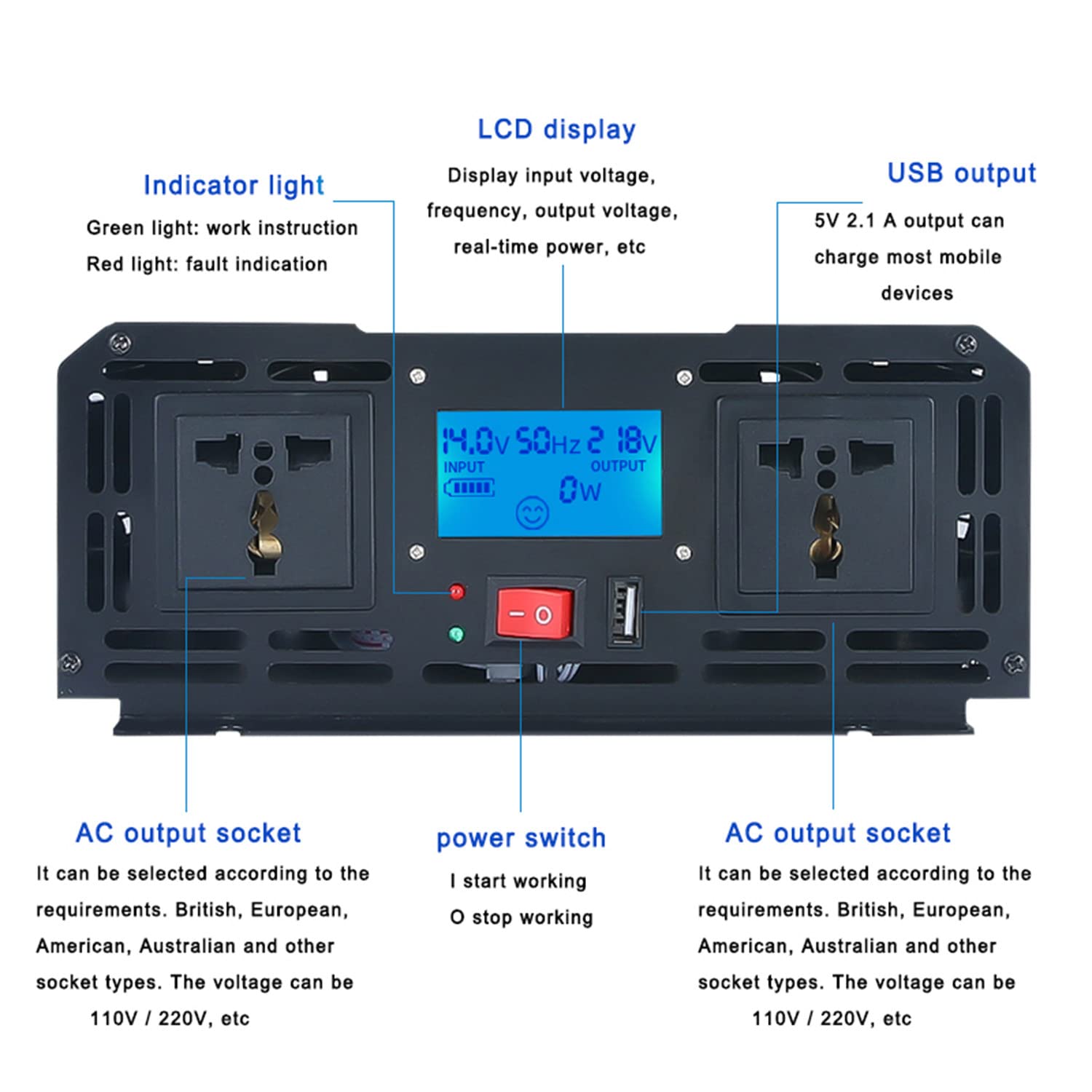 2000W 3000W 4000W 5000W falownik czysta fala sinusoidalna 12V 24V 48V do 230V przetwornica napięcia samochodowego przetwornica napięcia z ekranem LCD i 2 portami USB,2000W-48Vto230V