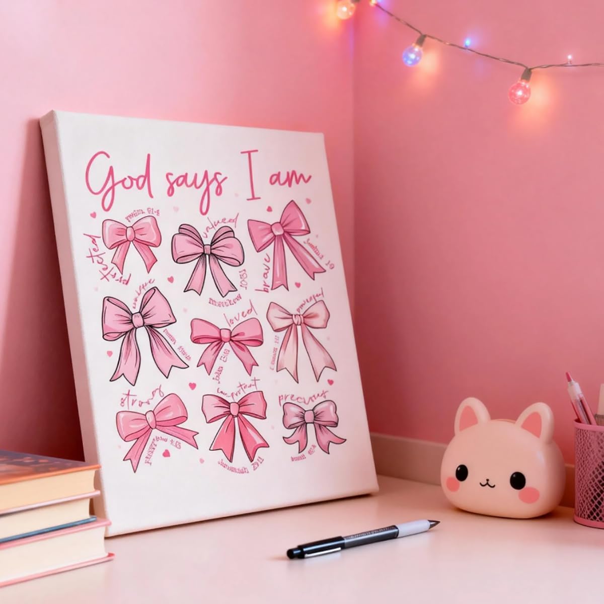 Redland Art Pink Bow Wall Art Framed Canvas 11.5x15 Inches Coquette Christian Scripture Quotes for Pink Bedroom & Bathroom, Inspirational Gift for Teen Girls, Dorm Room Decor, Aesthetic Bow Picture image 2