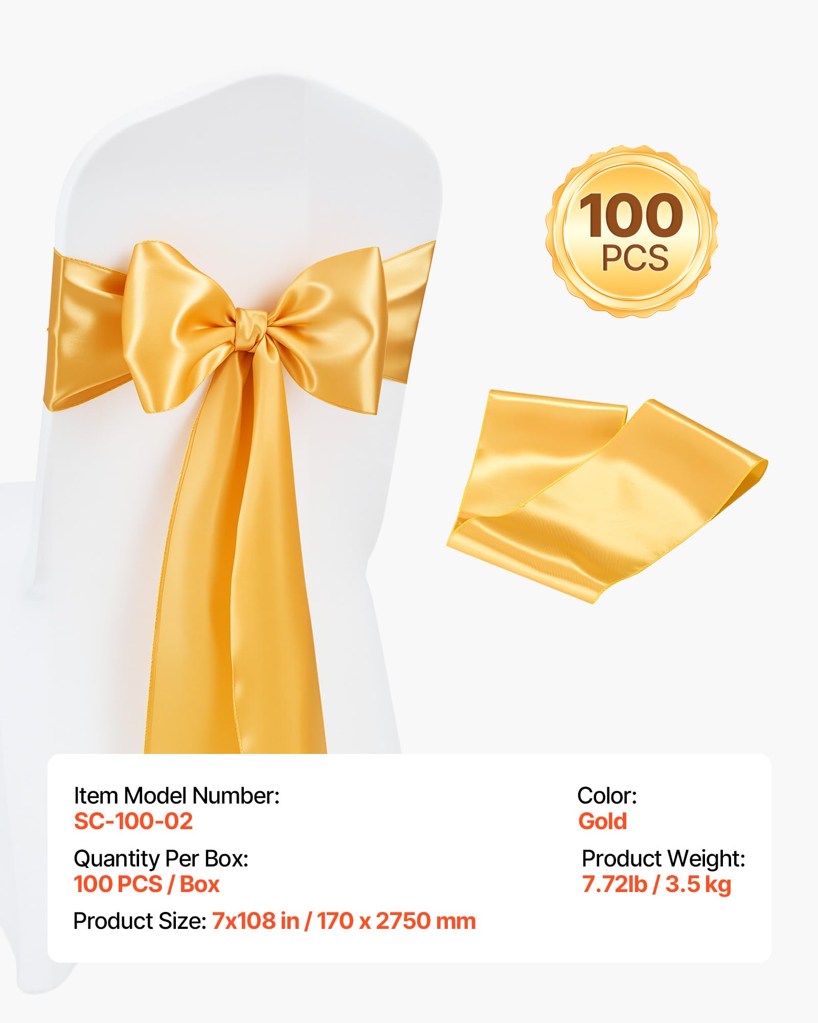 VEVOR Nœud de Chaise en Satin Luxueux Doré Lot de 100 Pièces, 17 x 275 cm, Bandeau de Chaise pour Mariage, Cérémonie, Fête
