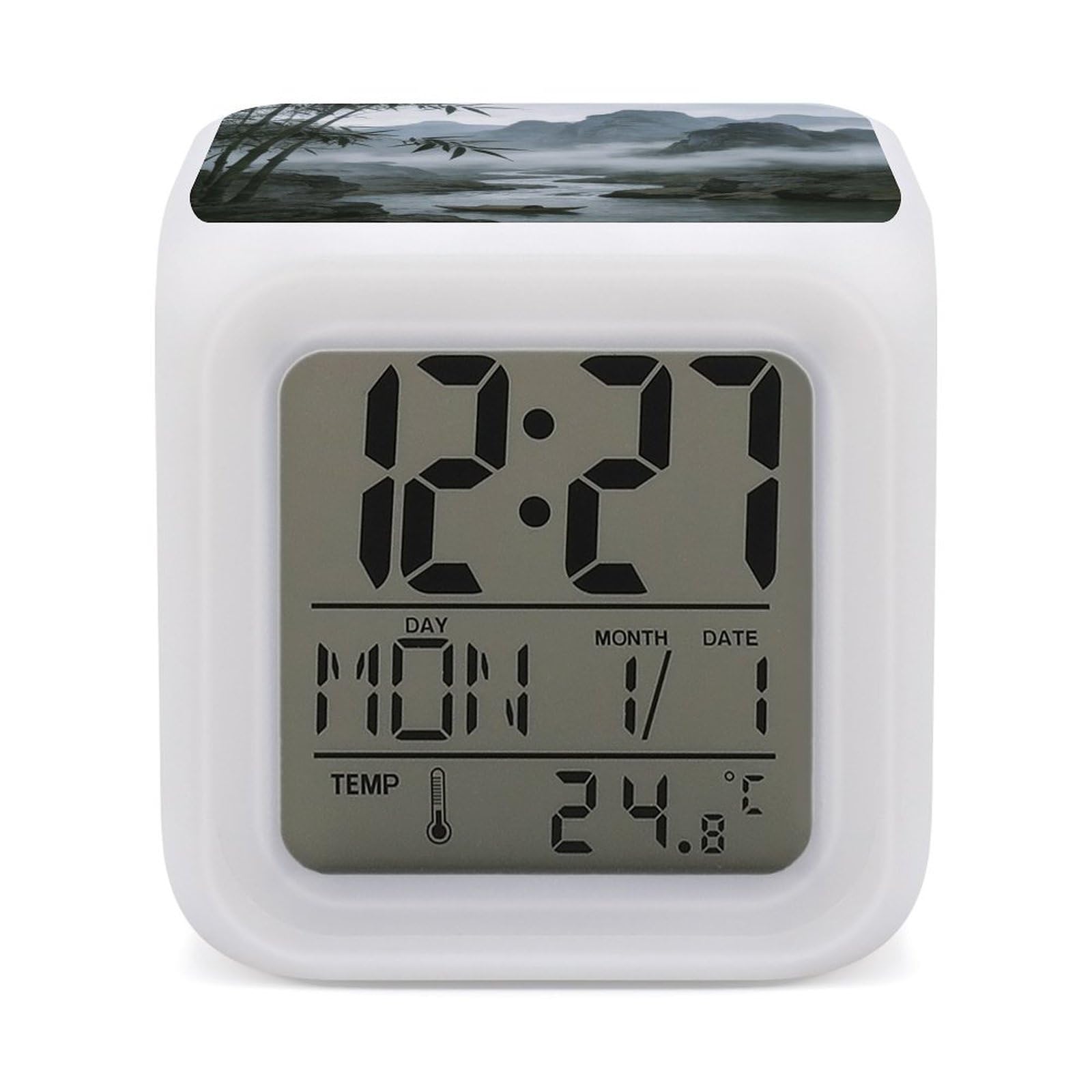 LZQPOEAS Rainy and Misty Return of The Boat Alarm Clock with 7 Color Changing Nightlight for Bedroom Calendar Temperature Display Wake Up Digital Clock Small Desk Clocks for Heavy Sleepers Adults