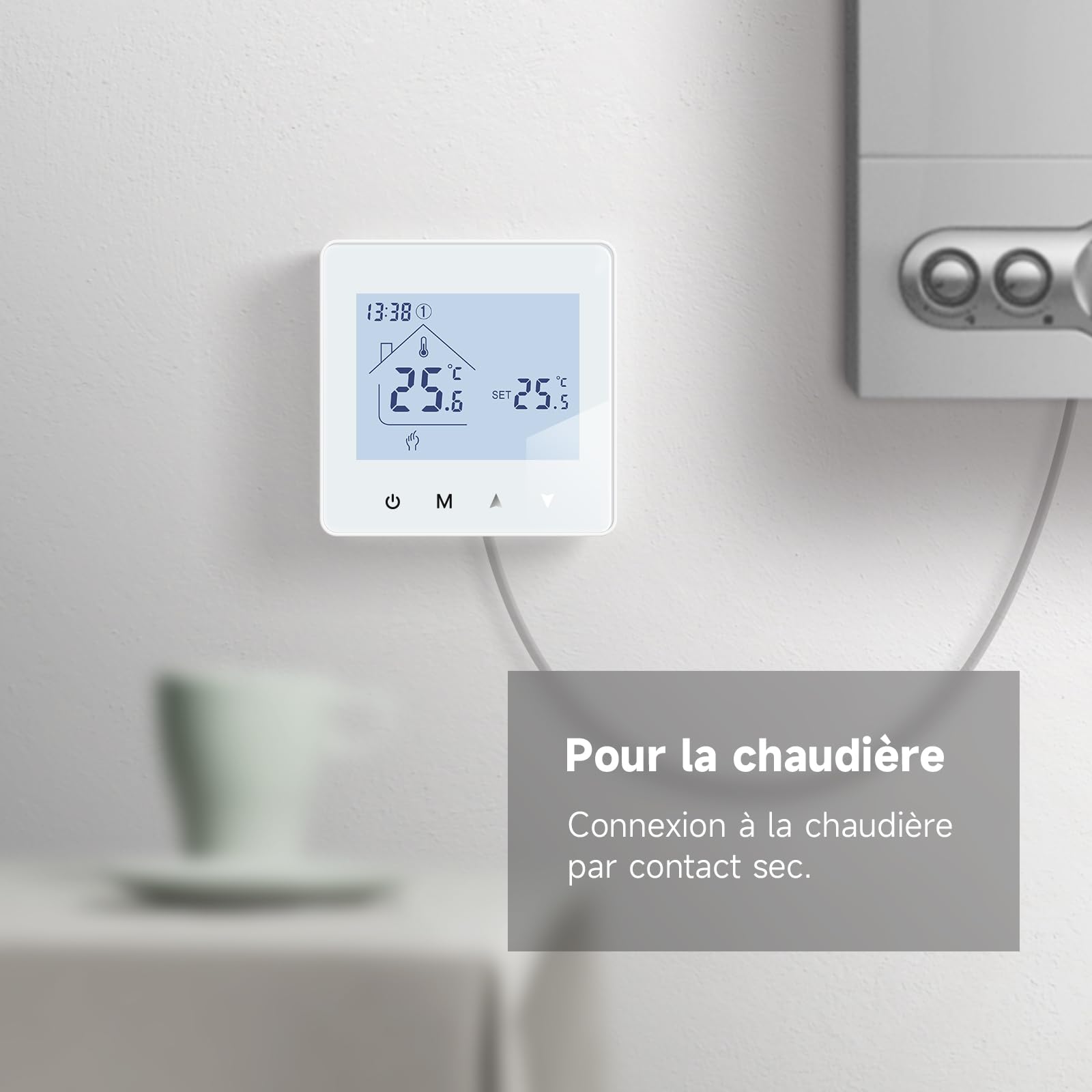 Beok Thermostat Chaudiere Gaz Thermostat Chauffage Numérique,Programmable et Contrôle de Chaudière à Eau, Fonctionnement sur Piles 3 AA, BOT - R6W Blanc