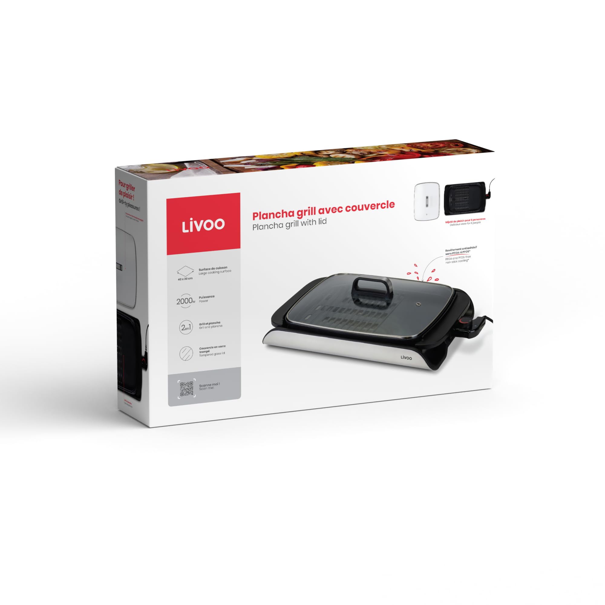 Livoo - Plancha grill con tapa DOC321-200W, 40 x 30 cm, 2 en 1, libre de PFOA/PFOS