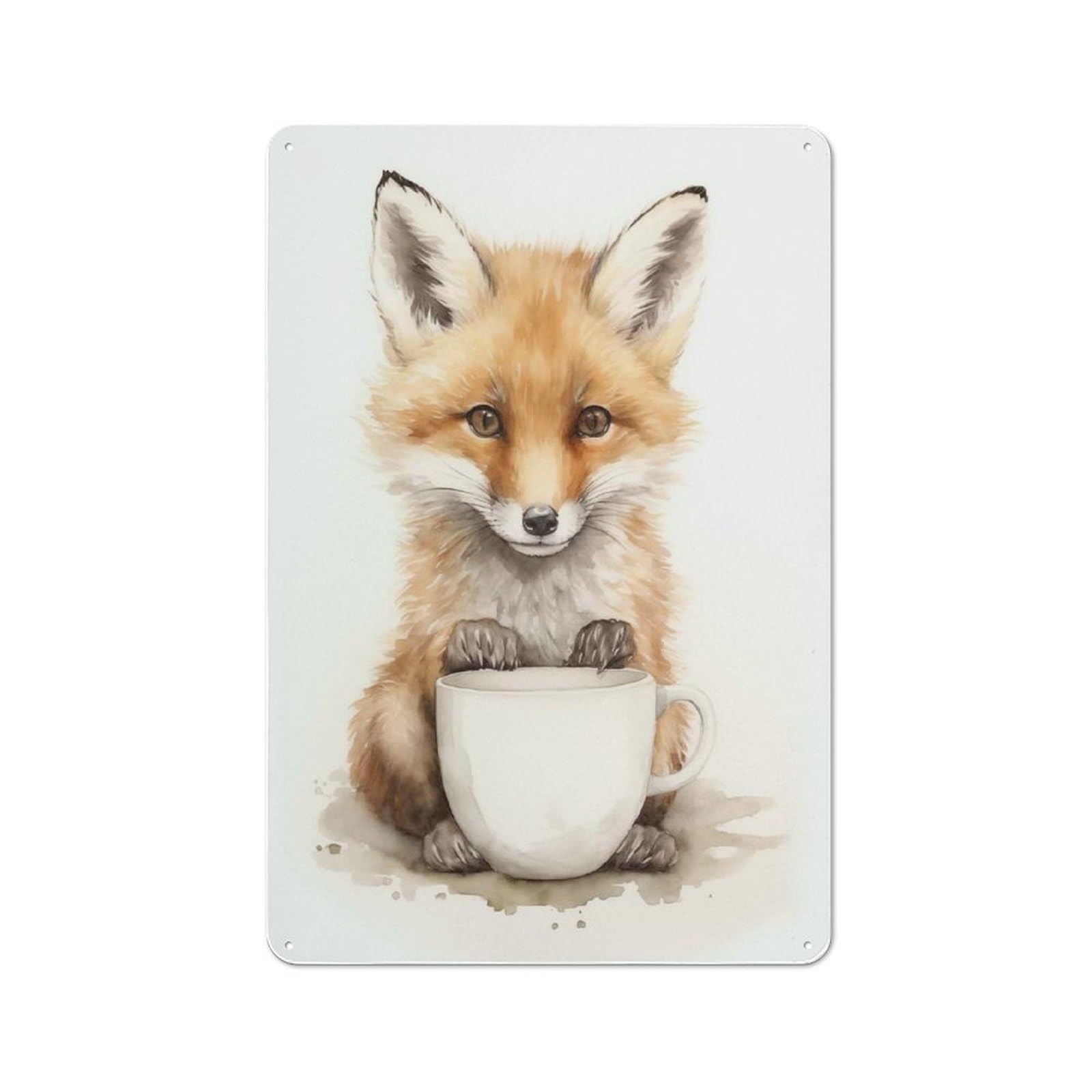 Workshop Style Fox with Coffee Mug Metal Wall Sign 30x20cm, Industrial Wall Art for Workshop, Basement, Shed Or Games Room