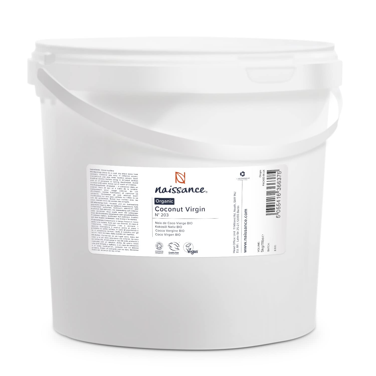 Naissance Olio di Cocco Vergine BIO (No. 203) - 5kg - Puro, Naturale, Non Raffinato, Certificato Biologico - Idratante, Emolliente - Ideale per Formulazioni Cosmetiche