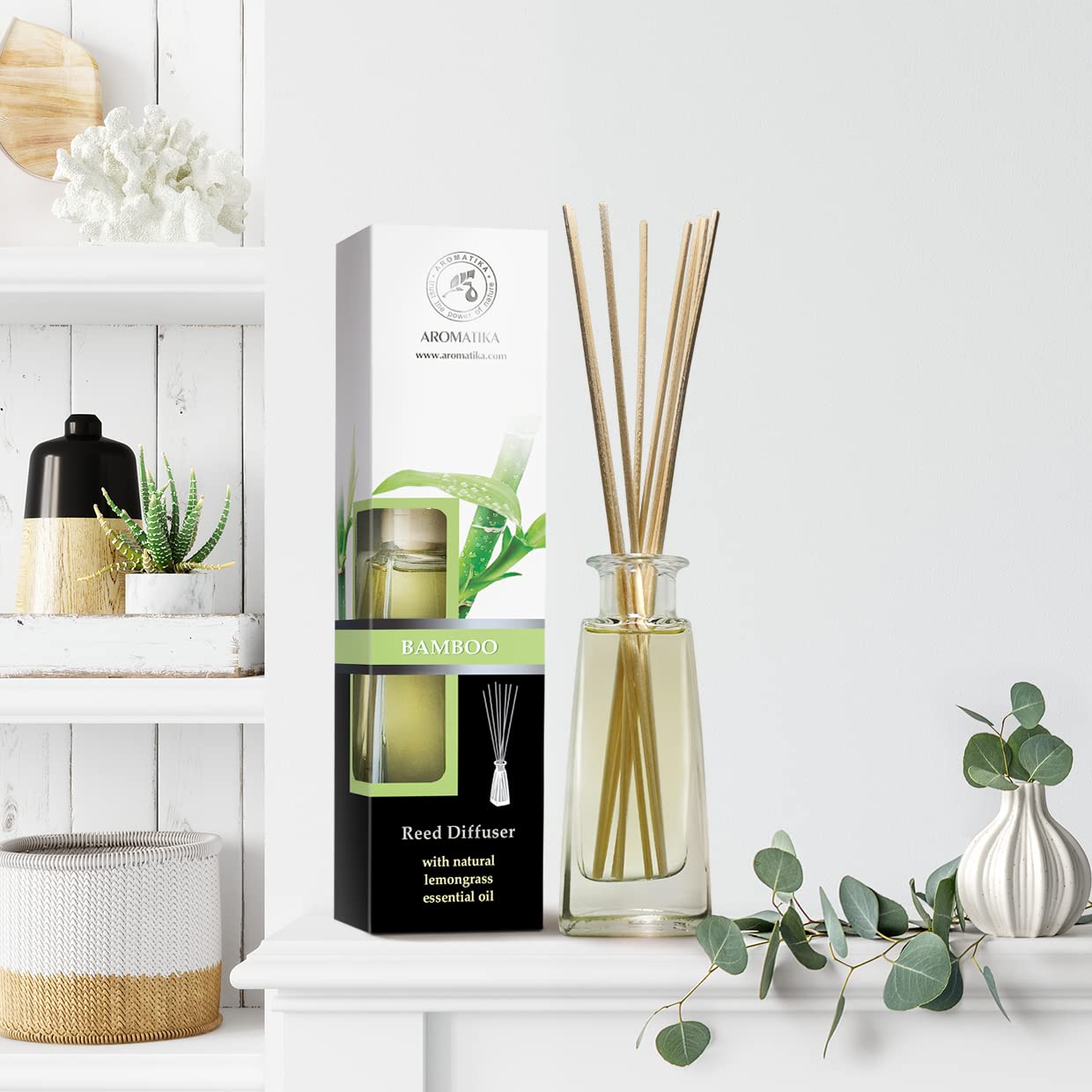Dyfuzor Zapachowy z Patyczkami Bambus - 100 ml - Dyfuzor Pokojowy z Olejkiem z Trawy Cytrynowej - Zapach do Domu - Dyfuzor Olejków - Aromat Bambusowy - Dyfuzor Zapachowy