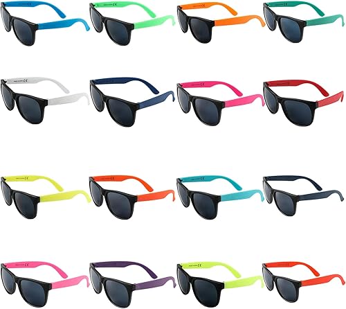Miniatura 7 de Paquete de 32 lentes de sol de neón de 16 colores, regalos de fiesta, estilo de los años 80, coloridos juegos de gafas de sol para fiesta, perfectos